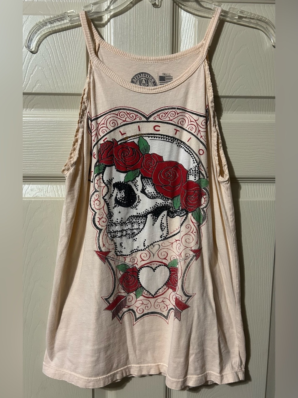Affliction Womens Top Size S Grunge Skull Roses Tattoo Rhinestone Biker Alt